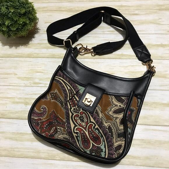 Spartina 449 Natural Linen Genuine Leather Paisley‎ Print Shoulder Bag Purse - Picture 1 of 9